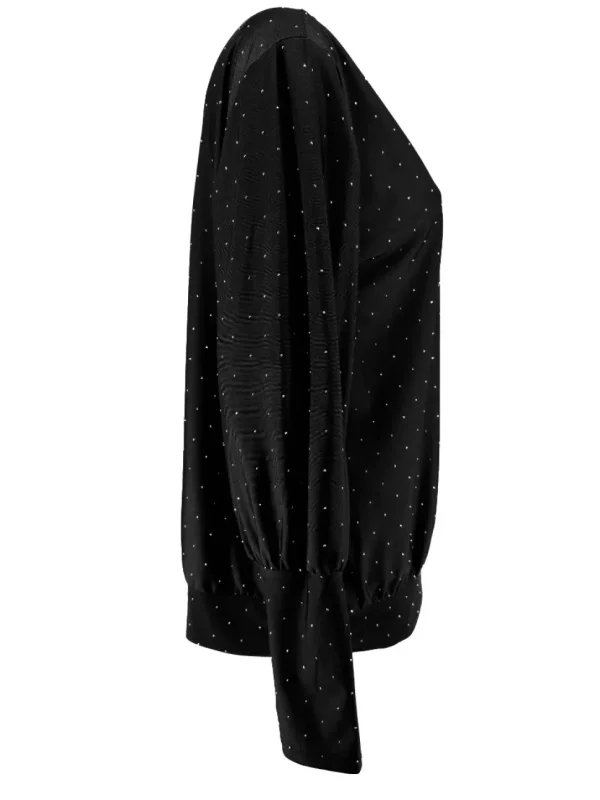 Blouse met strass steentjes en boord met V-hals Tippie zwartSALE #FBK