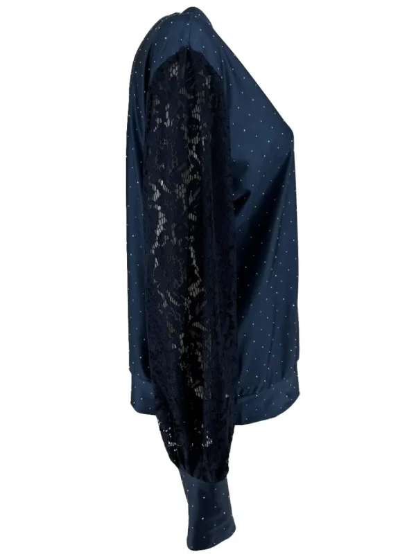 Blouse met strass steentjes en kanten mouw Elvira donker blauwSALE #FBK