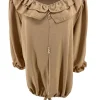 Blouse met trekkoord en lange mouw met ruffle aan de hals camel