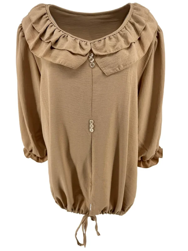 Blouse met trekkoord en lange mouw met ruffle aan de hals camel