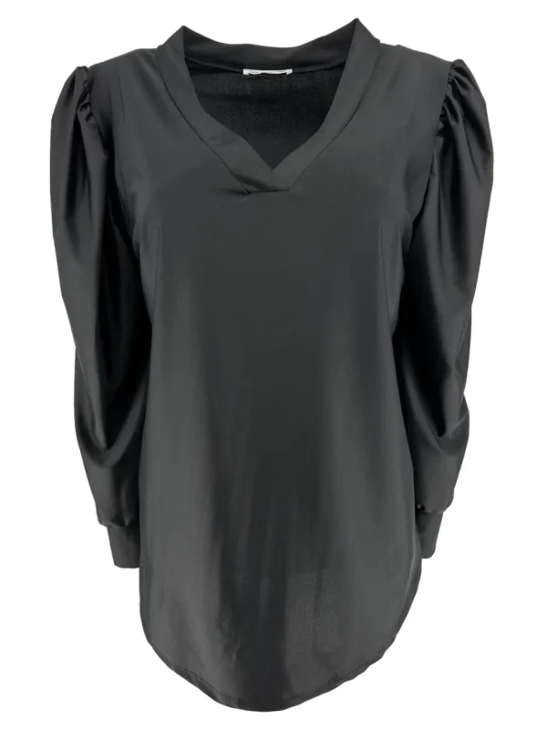 Blouse met v-hals en lange mouw met plooien TRAVELSTOF zwart