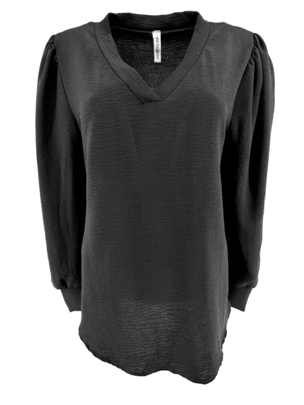 Blouse met v-hals en lange mouw met plooien zwart
