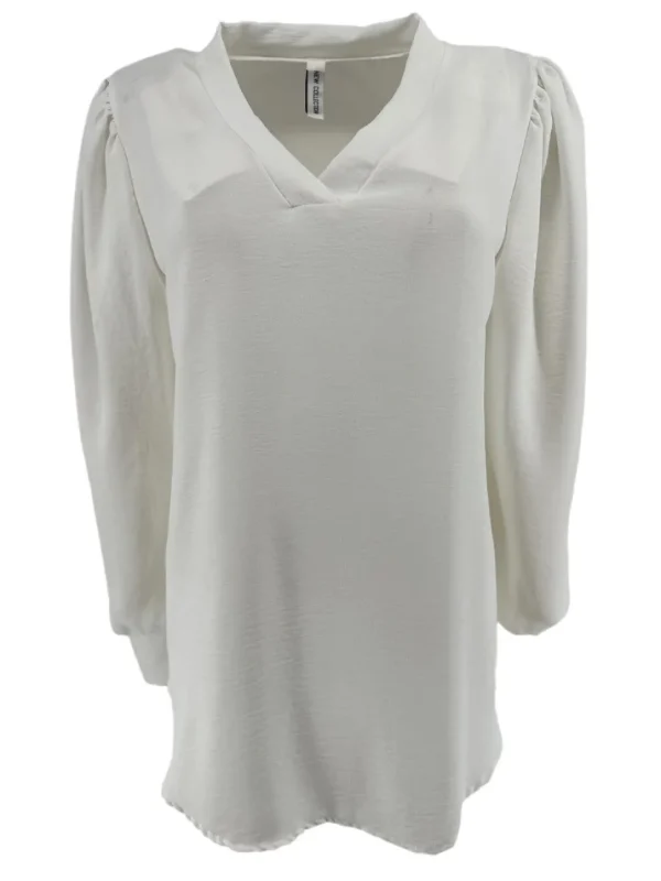 Blouse met v-hals en lange mouw met plooien off-white