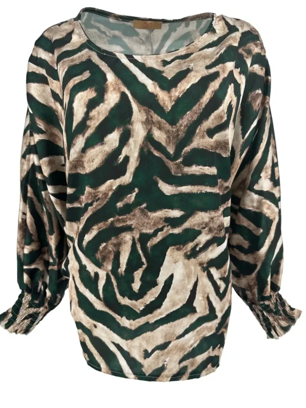 Blouse met v-hals en smock mouw zijdeglans zebra flessengroen.