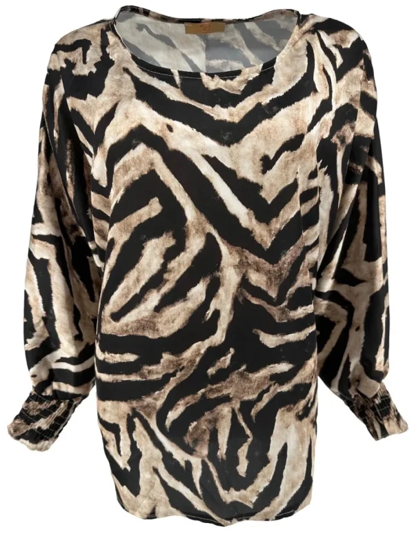 Blouse met v-hals en smock mouw zijdeglans zebra zwart