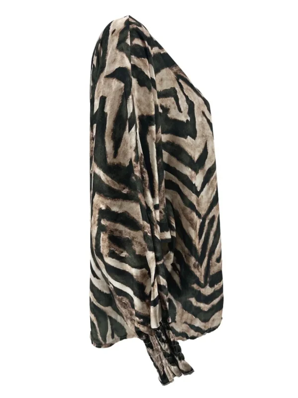 Blouse met v-hals en smock mouw zijdeglans zebra army