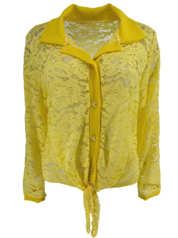 Blouse van kant met knoop aan de voorzijde Misty geel