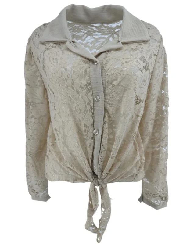 Blouse van kant met knoop aan de voorzijde Misty beige