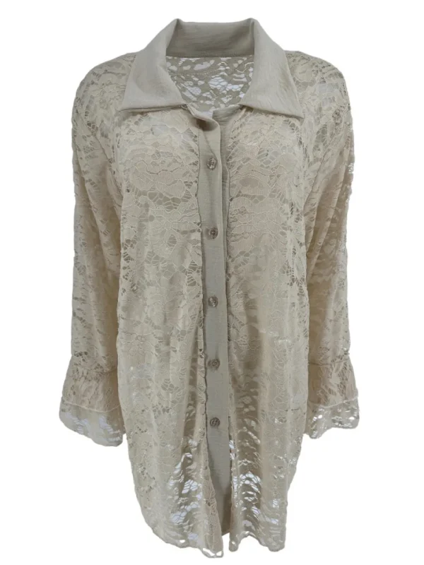 Blouse van kant met ruffle mouw Willow beige