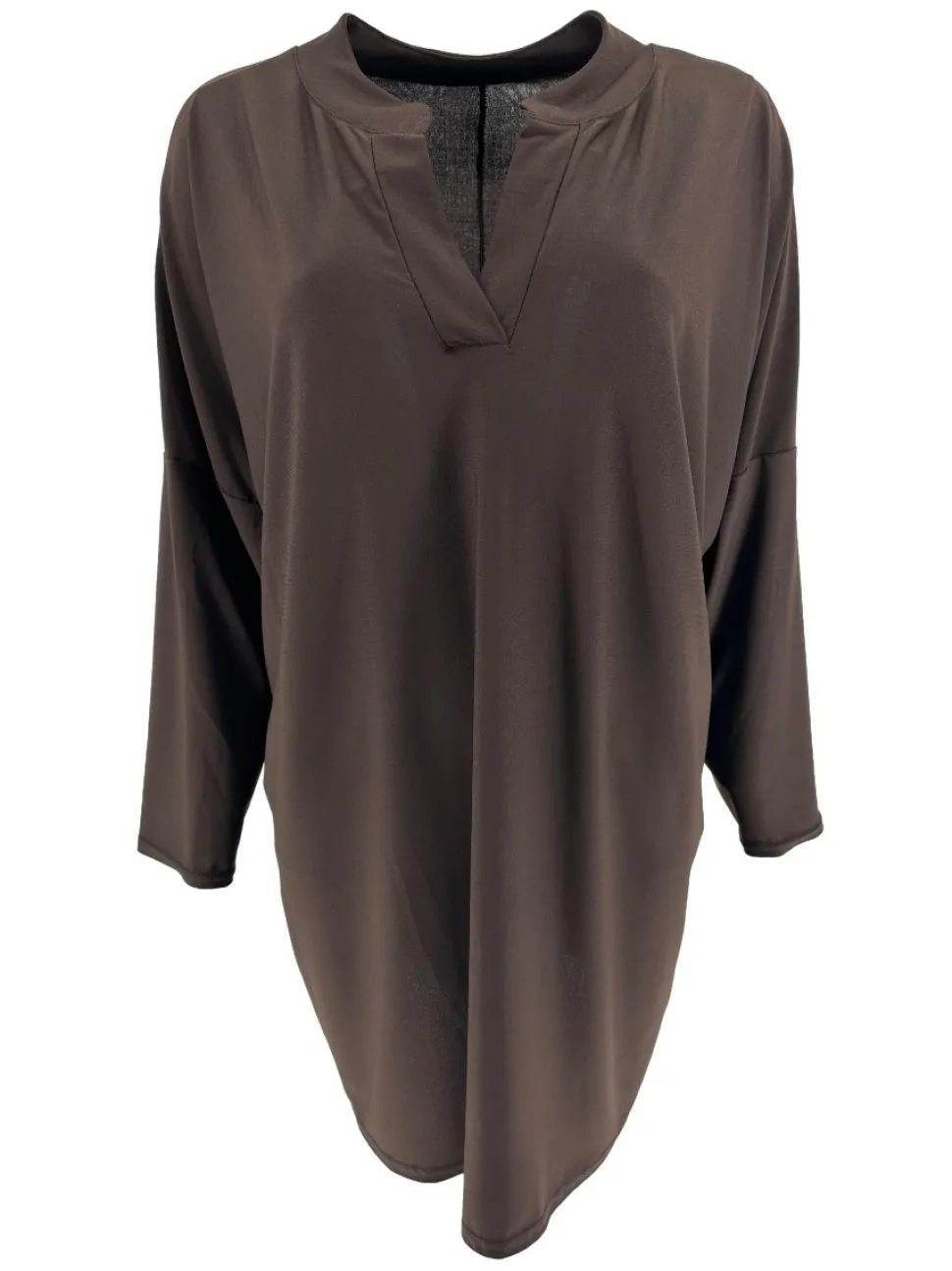 blouseshirt_van_travelsto_0.webp Blouse/shirt van travelstof met opstaande boord Delori bruin