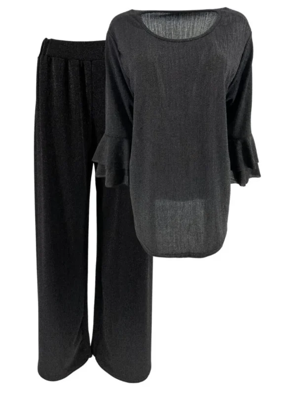 2-Delig set met broek en volant mouw blouse GLITTER zwart