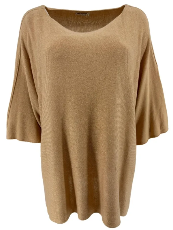 Fijngebreide trui met RONDE hals Hearts en naad camel