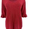 Fijngebreide trui met V-HALS en ruffle mouw Wicky glitter rood. SALE.(gde)