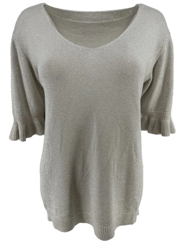 Fijngebreide trui met V-HALS en ruffle mouw Wicky glitter beige (SALE).(gde)