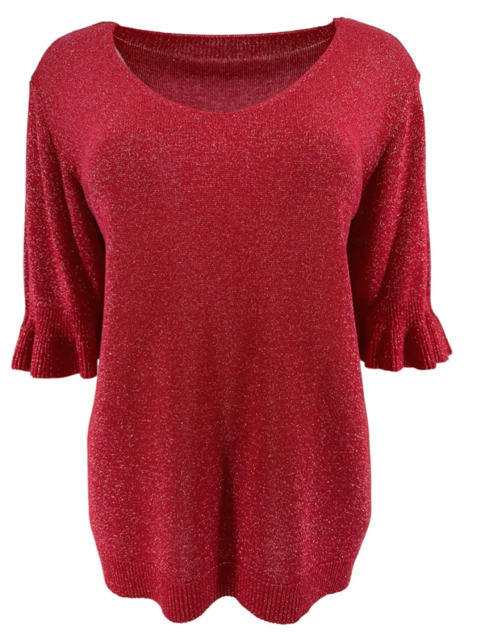 fijngebreide_trui_met_vha_0.webp Fijngebreide trui met V-HALS en ruffle mouw Wicky glitter rood. SALE.(gde)