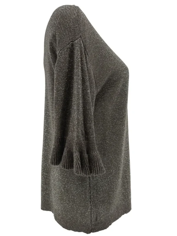 Fijngebreide trui met V-HALS en ruffle mouw Wicky glitter bruin. SALE(gde)