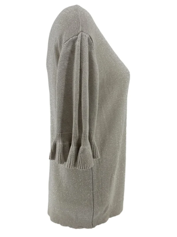 Fijngebreide trui met V-HALS en ruffle mouw Wicky glitter beige (SALE).(gde)
