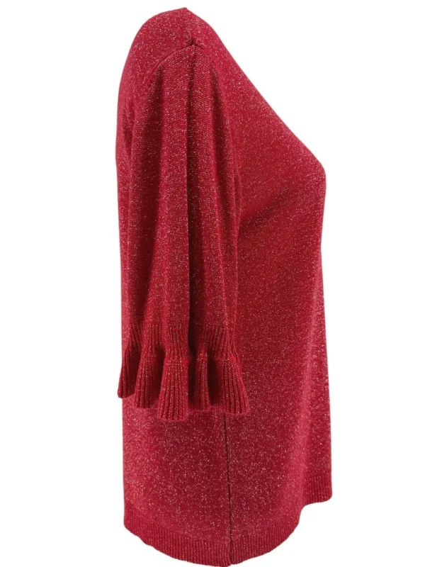 Fijngebreide trui met V-HALS en ruffle mouw Wicky glitter rood. SALE.(gde)