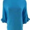 Fijngebreide trui met vleermuis mouw en ruffle Elisa sky blauw