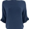 Fijngebreide trui met vleermuis mouw en ruffle Elisa donker blauw