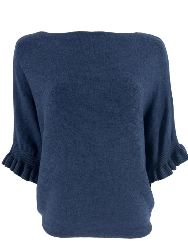 Fijngebreide trui met vleermuis mouw en ruffle Elisa donker blauw