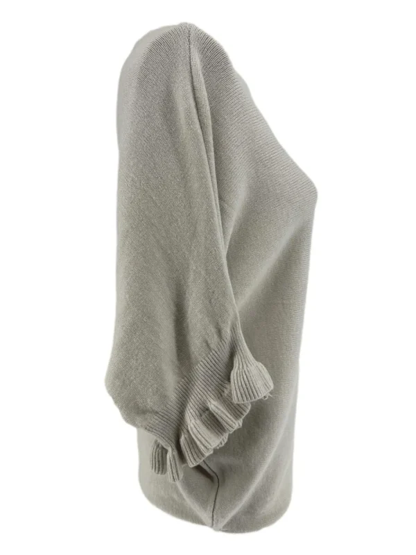 Fijngebreide trui met vleermuis mouw en ruffle Elisa beige