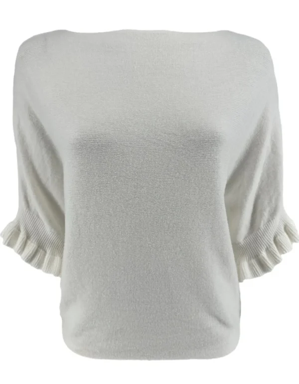 Fijngebreide trui met vleermuis mouw en ruffle Elisa off-white
