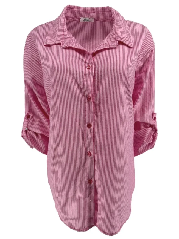 Gestreepte blouse met oprol mouw krinkle fuchsia