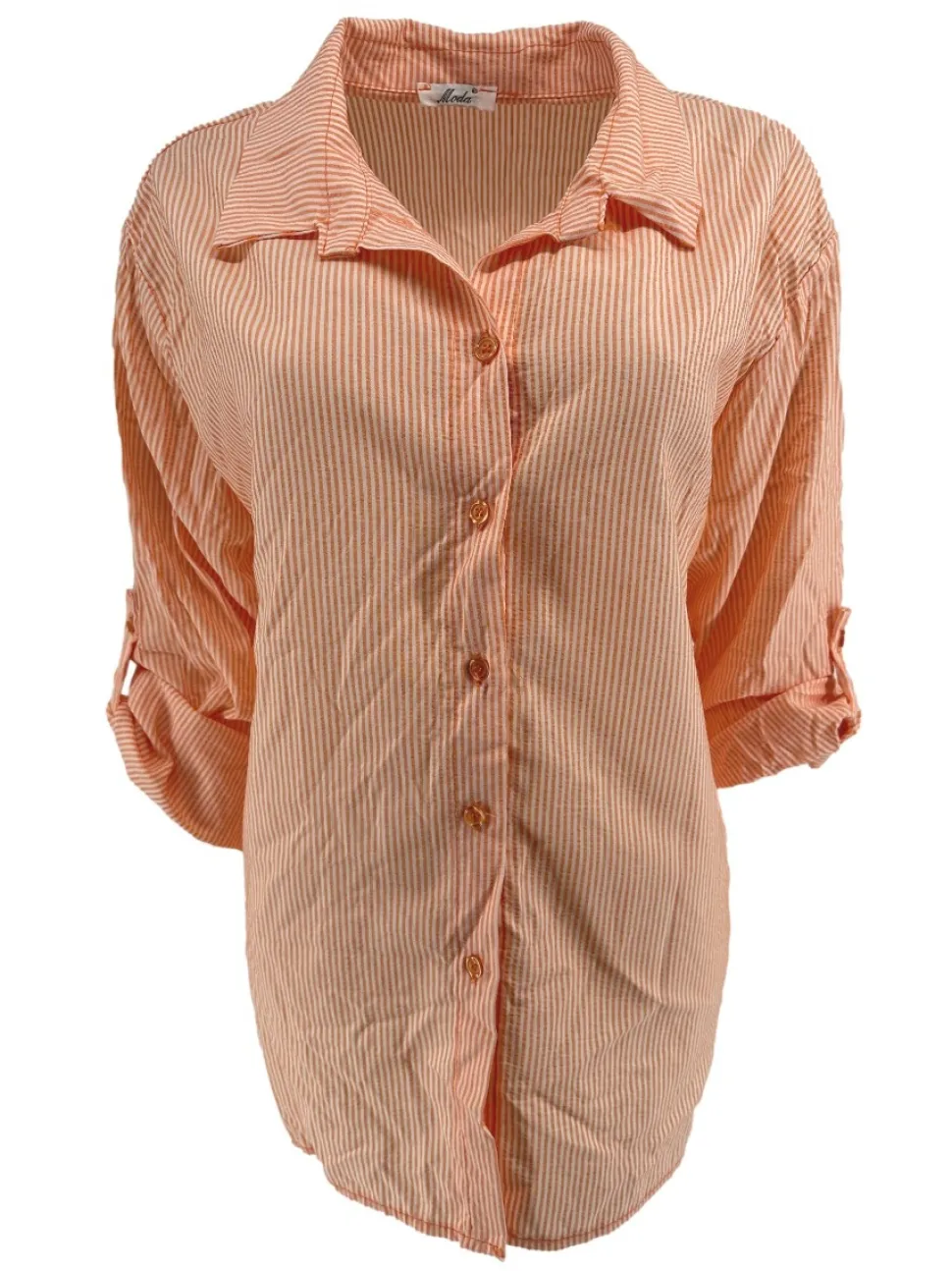 gestreepte_blouse_met_opr_0-3.webp Gestreepte blouse met oprol mouw krinkle oranje