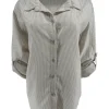 Gestreepte blouse met oprol mouw krinkle beige