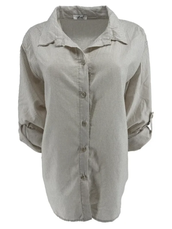 Gestreepte blouse met oprol mouw krinkle beige