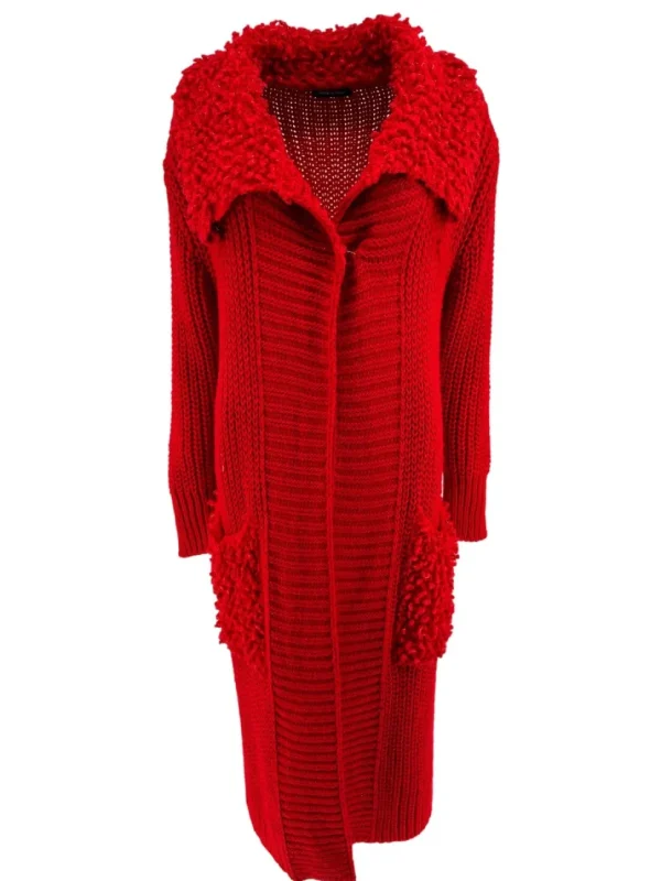 Grof gebreid vest met zakken en grote kraag Sue rood