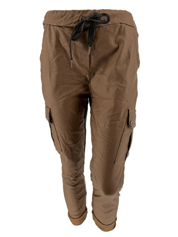 Italy CARGO coating broek met glitter koord choco