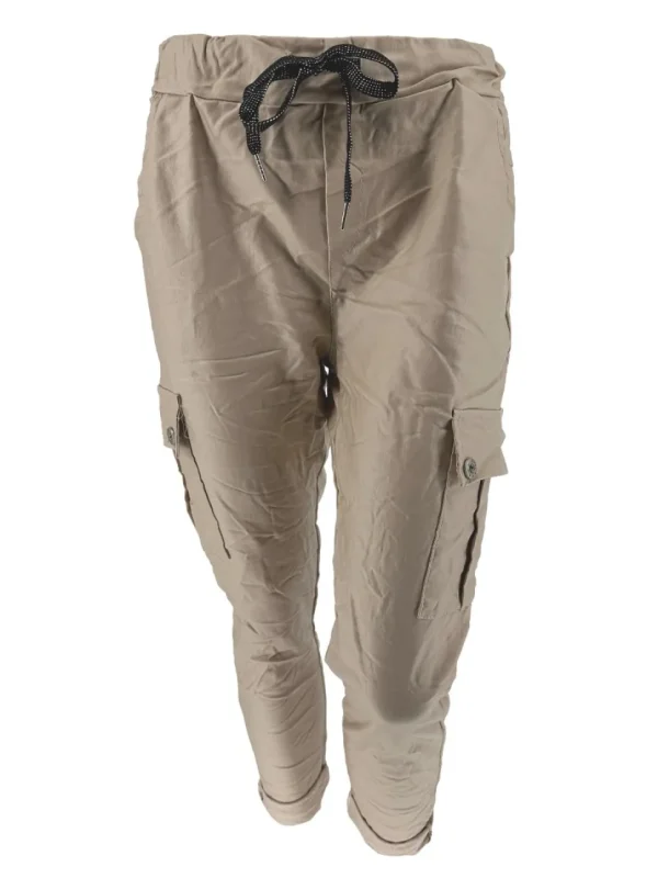Italy CARGO coating broek met glitter koord beige