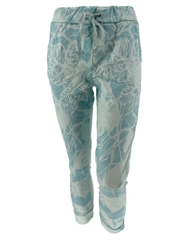 Italy jogg-jeans met koord bladeren turquoise