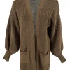 KORT gebreid vest met zakjes en pofmouw Carmen bruin