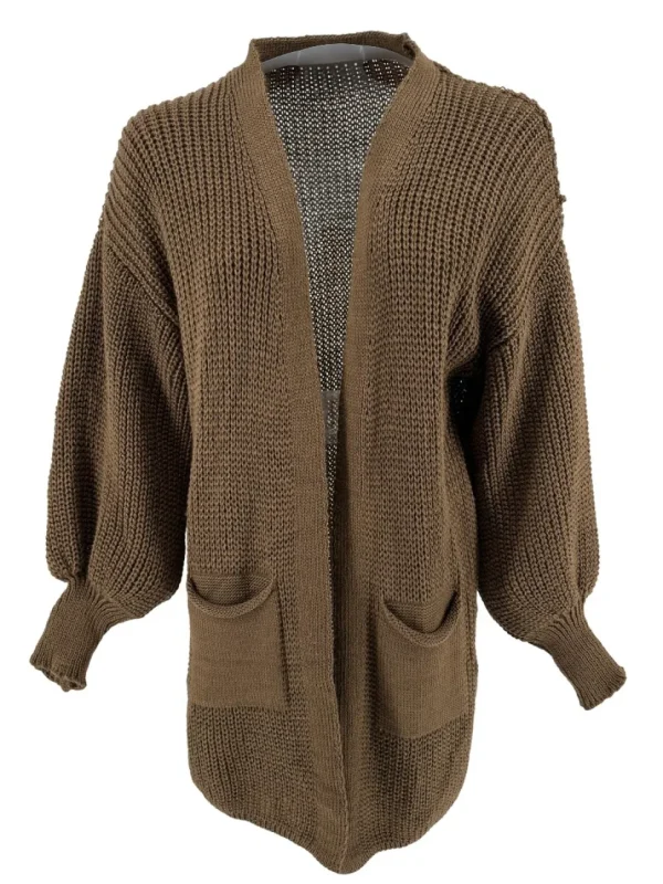 KORT gebreid vest met zakjes en pofmouw Carmen bruin