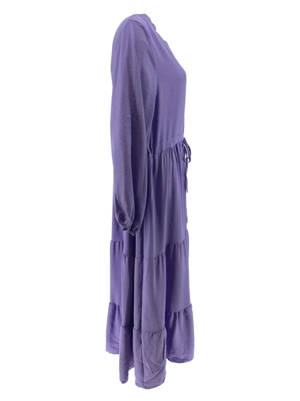 Lange jurk met knoopjes en koord in de taille en stroken uni lila (B25-9) SALE (VJD)