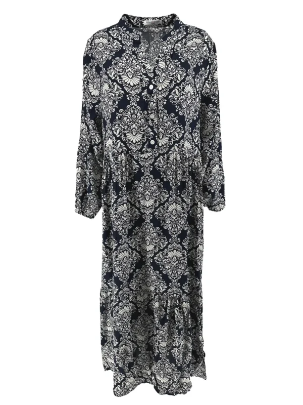 Lange jurk met stroken en knoopjes barok donker blauw (B25-2) (LPJ)SALE
