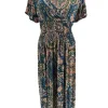 Lange travelstof jurk met volant mouw Paisley petrol (JS26)