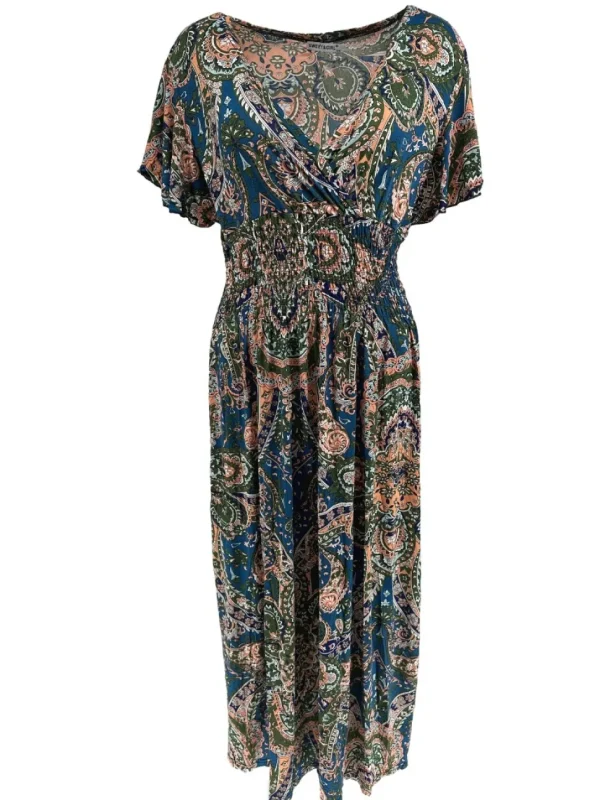 Lange travelstof jurk met volant mouw Paisley petrol (JS26)