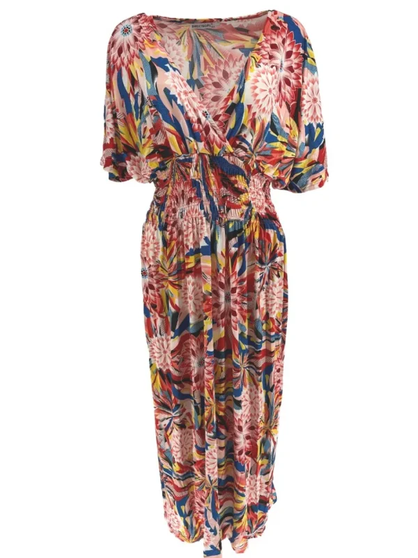 Lange travelstof jurk met korte mouw Dahlia rood (JS3080)