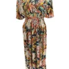 Lange travelstof jurk met korte mouw Dahlia oranje (JS3080)