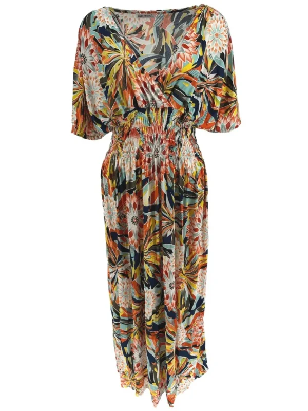 Lange travelstof jurk met korte mouw Dahlia oranje (JS3080)