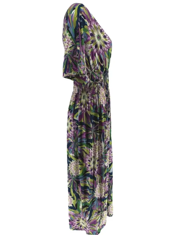 Lange travelstof jurk met korte mouw Dahlia paars (JS3080)