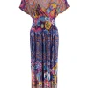 Lange travelstof jurk met smock in de taille kaleidoscoop paars (J-77#)