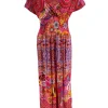 Lange travelstof jurk met smock in de taille kaleidoscoop roze (J-77#)
