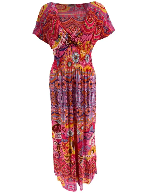 Lange travelstof jurk met smock in de taille kaleidoscoop roze (J-77#)