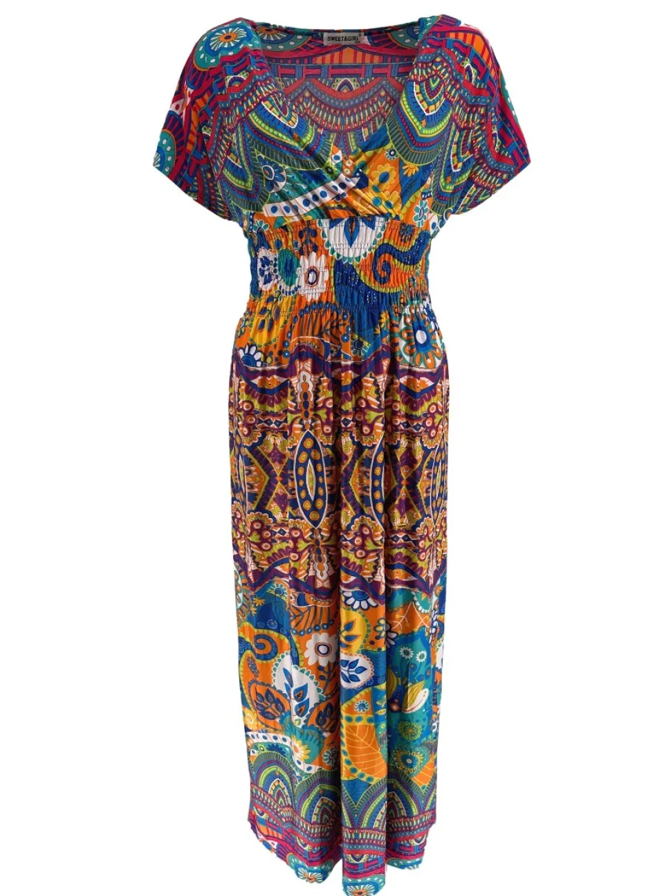 lange_travelstof_jurk_met_0-5.webp Lange travelstof jurk met smock in de taille kaleidoscoop oranje (J-77#)