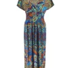 Lange travelstof jurk met smock in de taille kaleidoscoop blauw (J-77#)